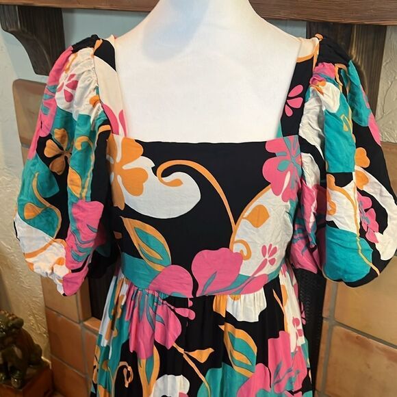 Entro Maui Floral Balloon Sleeve Tiered Midi Dress, size M - Picture 2 of 12